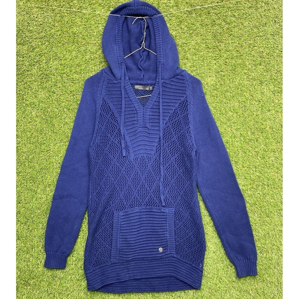 PrAna Knit Ribbed Hoodie Henley Sweater Mens XS Long Sweatshirt Blue Wool Blend